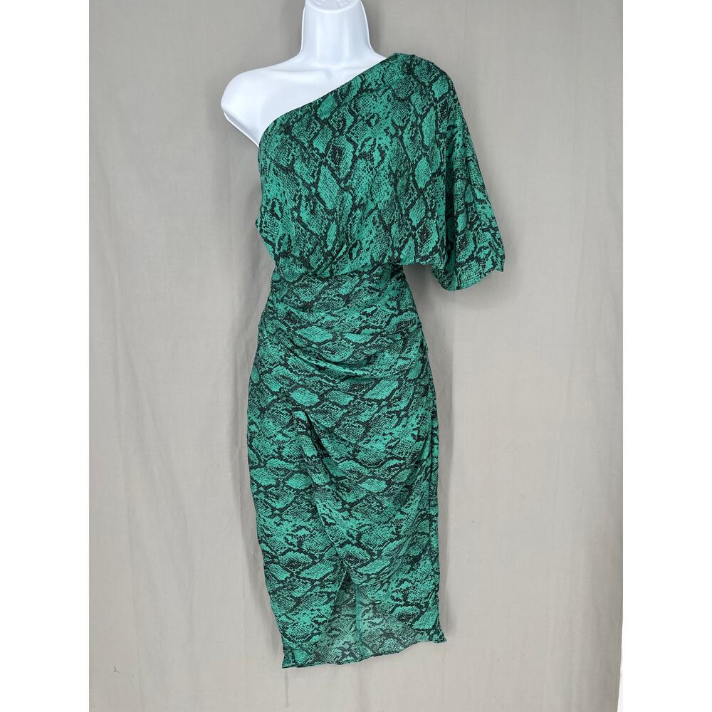 Do Be Revolve Dress Small Green Midi Snake Print One Shoulder Ruched Party Black